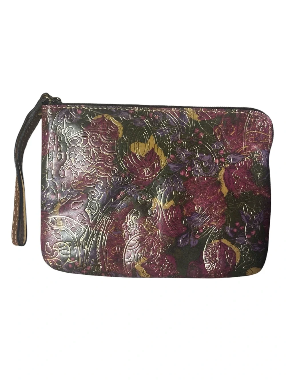 Patricia Nash Metallic Paisley Floral Embossed Leather Wristlet Pouch